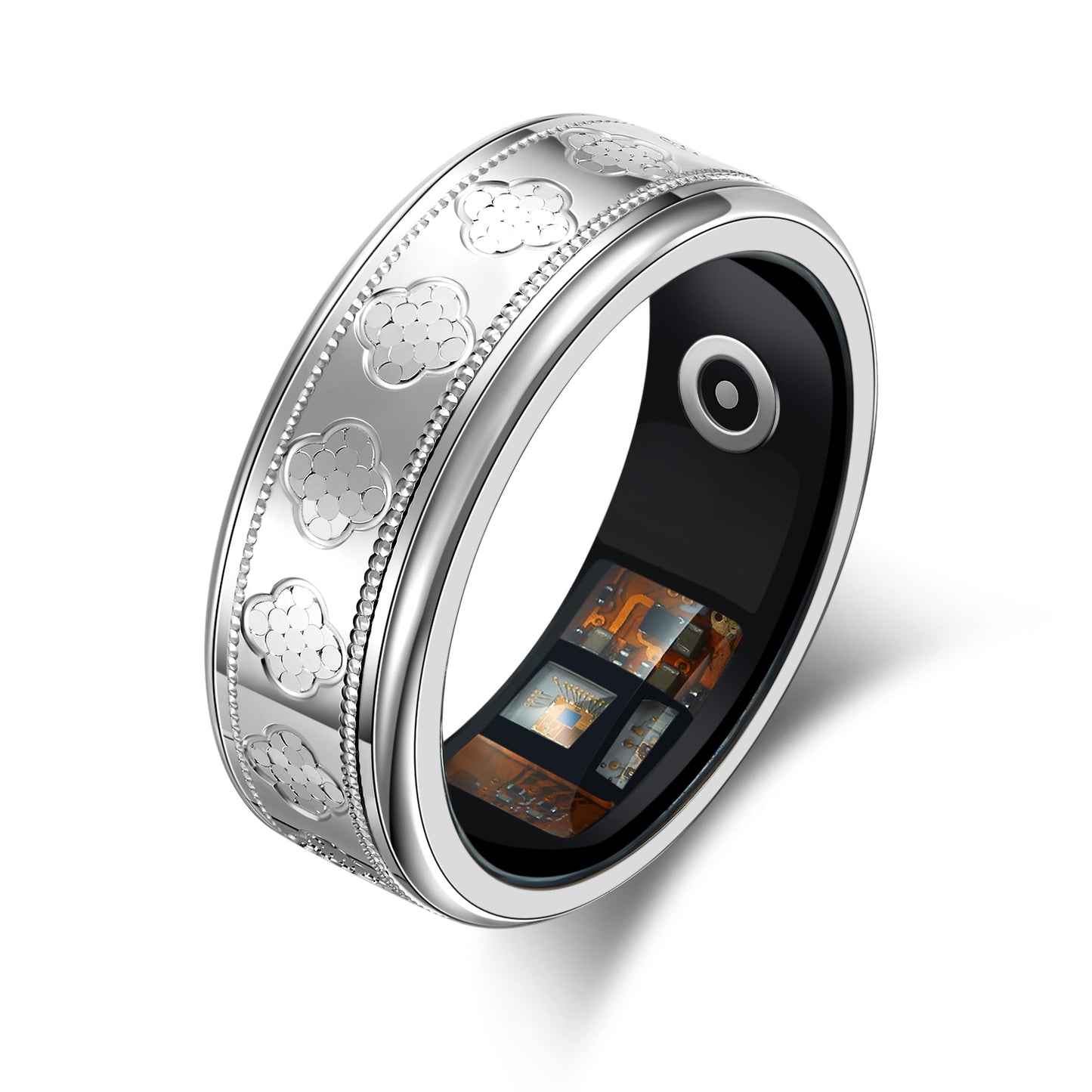 Silver Smart Ring with Heart Rate & Oxygen Sensor, IP68 Waterproof